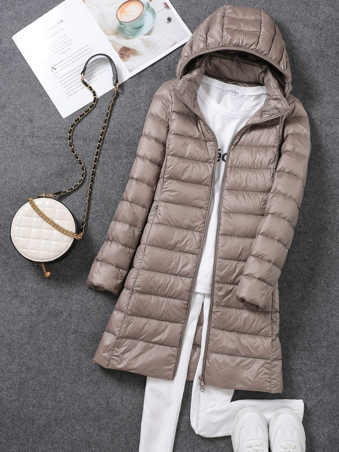 2024 Autumn/Winter New Women's Lightweight Jacket, Mid-Length, White Duck Down, Korean Style, Slimming and Comfortable, Detachable Hood