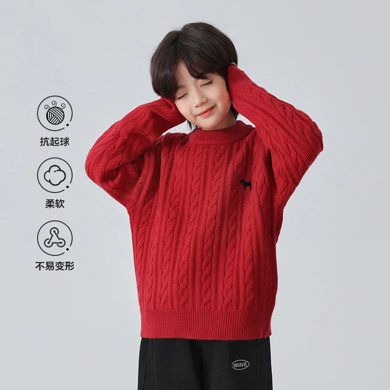 Hai Ma uşaq geyimləri oğlanlar üçün qırmızı sviter qış geyimi 2025 yeni stil üst daxili təbəqə Yeni il uşaq yun sviteri qalınlaşdırılmış