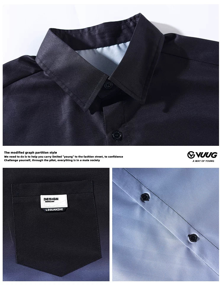 Buz ipək gradient qısaqol kişi köynəyi yaz, payız və yay boş təsadüfi kişi moda uzunqol köynək gödəkçəsi