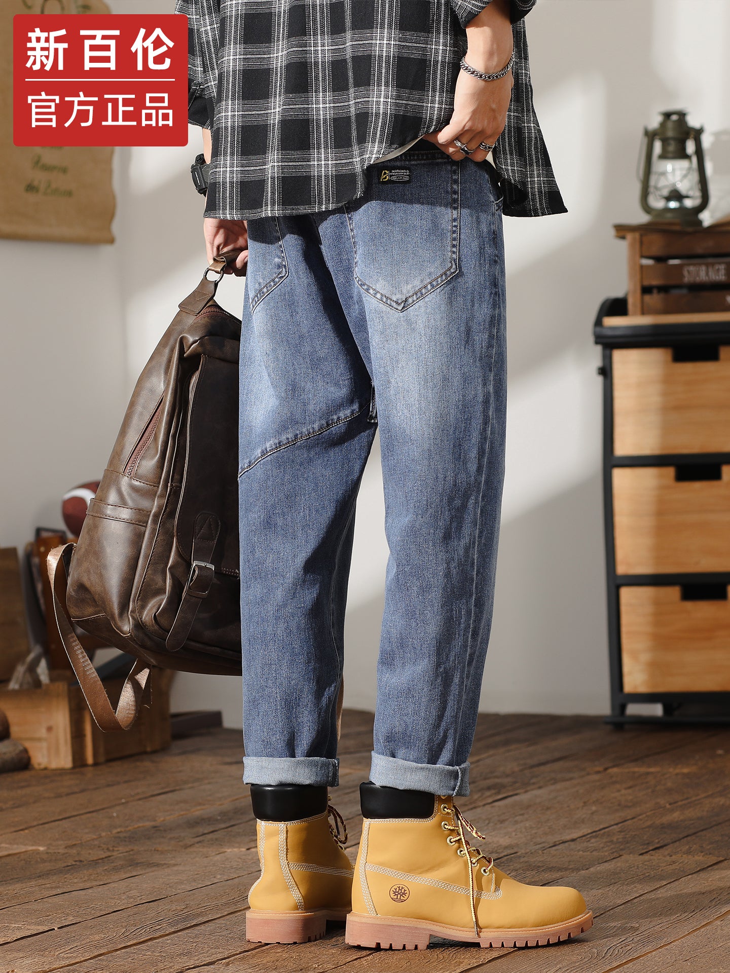 New Balance American style fashionable men's cargo jeans, loose straight leg, harem style, casual long pants, 2025 autumn new fashion.