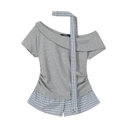 Unikal Çiyin Açıq və Birləşdirilmiş Dizaynlı Cholisa Faux İki Parçalı İncə Fit Qısa Qollu Top, 2026 Yeni Gəliş Qadın Geyimləri