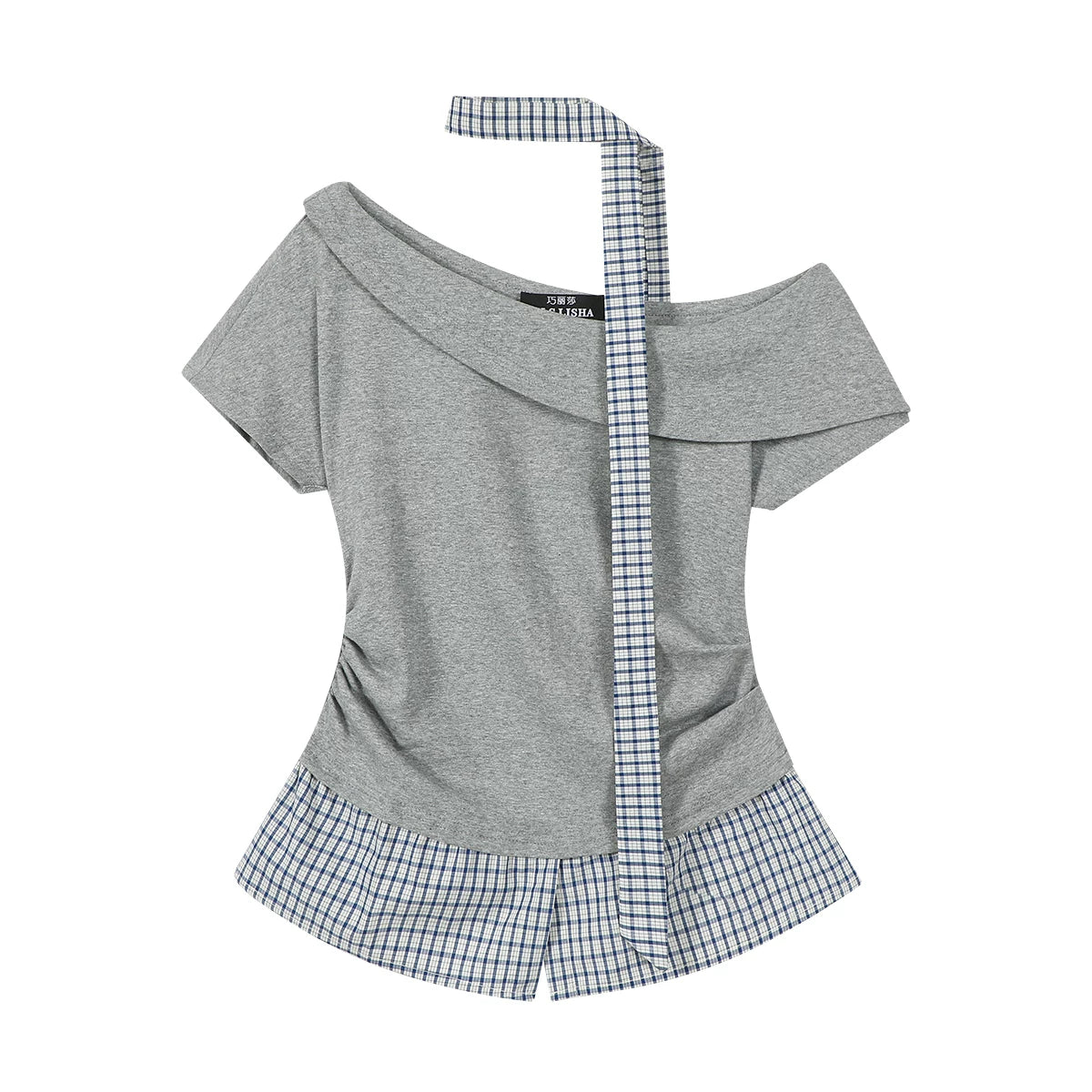 Unikal Çiyin Açıq və Birləşdirilmiş Dizaynlı Cholisa Faux İki Parçalı İncə Fit Qısa Qollu Top, 2026 Yeni Gəliş Qadın Geyimləri