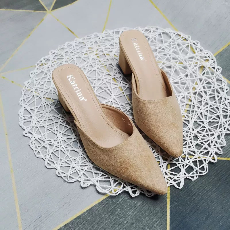 2025 Spring New Arrival Korean Style Pointed Toe Thick Heel Women's Half Mules, Fashionable and Multifunctional Fitting Room High Heel Slip-on Loafers