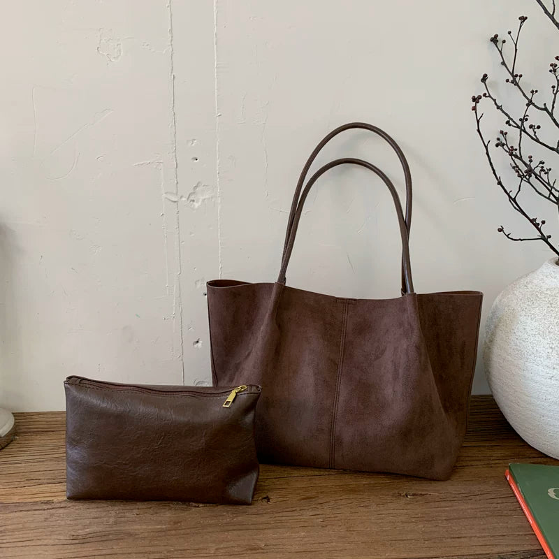 [Ana və Qız Çantaları] İş və Yol-Gəliş Üçün Sadə Bütöv Rəngli Böyük Tutumlu Zamşa Çanta, 2025 Yeni Trend Stil