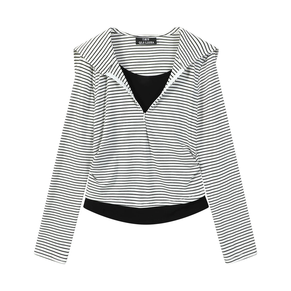 Cholisa Seksual İncə Fit Zolaqlı Patchwork Faux İki Parçalı Dənizçi Yaxalıqlı Uzun Qollu Köynək Qadınlar üçün Əsas Qatlı Top