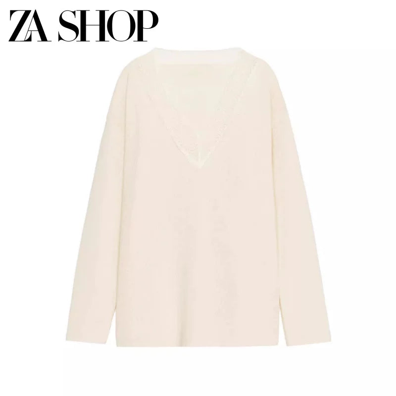 2025 Qış Yeni Gəliş Qadın Gündəlik Qarışıq Boş Sviter Uzun Qollu V-Yaxalı Krujeva ilə Bükülmüş Trikotaj Geyim 5755125