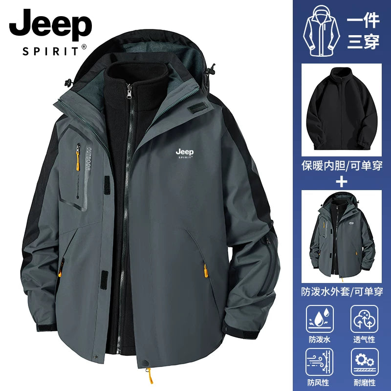 JEEP Kişilər üçün 2025-ci il Yeni Model Yaz, Payız və Qış Üçlü Birdə Yun Astarlı Qalın Kişi Üst Geyimləri
