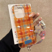 Koreya üslublu zərif çəhrayı və yaşıl plaid Apple 16promax mobil telefon qutusu üçün uyğun yeni yüksək səviyyəli 15 lanyard ilə 14 şəffaf 13 kreativ iphone16pro niş qadın qutusu 17promax dəsti