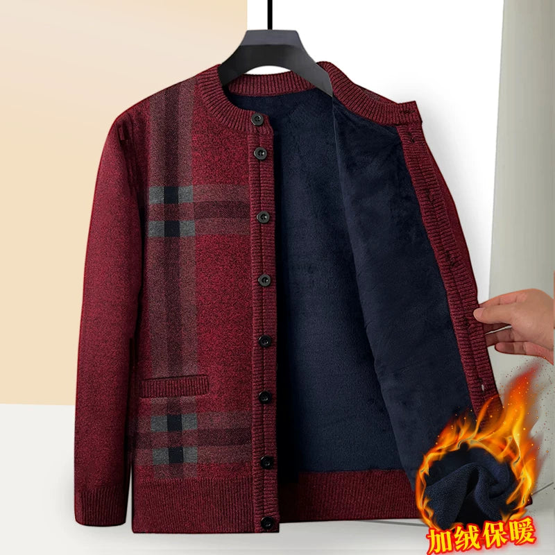 Payız və qış qalın flis hırka, orta və yaşlı insanlar üçün isti, dairəvi yaxalı düyməli toxunma sviter palto, baba köynəyi