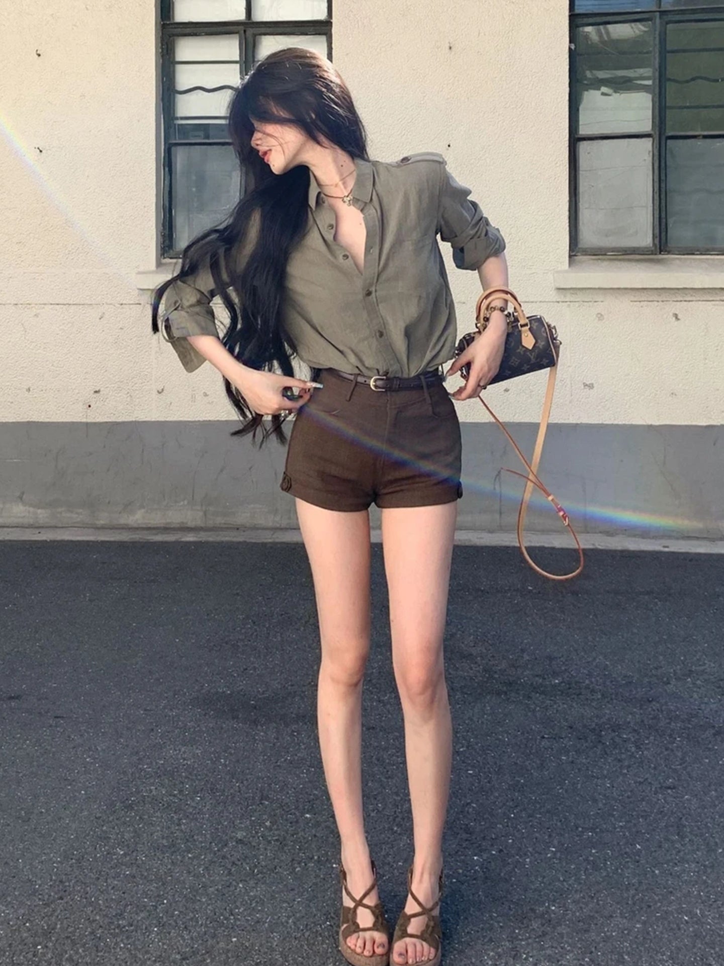 [Rahat Stil] Qadınlar üçün Yay Koreya Retro Boş Tək Döşlü Dizaynlı Yaxalı Uzun Qollu İş Köynəyi