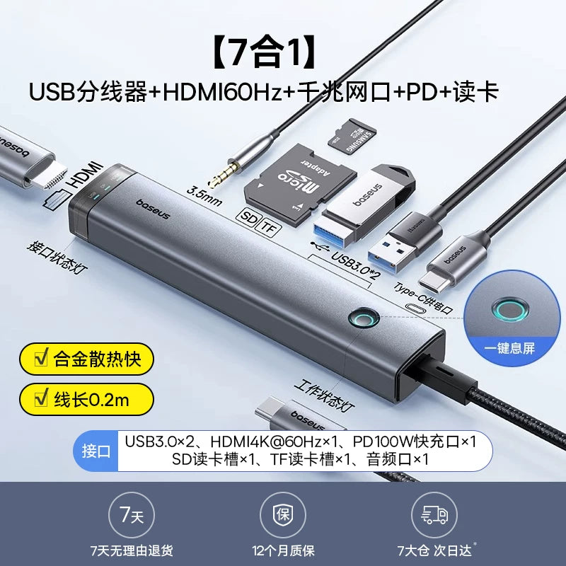 Baseus dok stansiyası Type-C-dən HDMI proyeksiyasına USB splitter adapter mərkəzi Kompüterlər, iPad-lər, noutbuklar, planşetlər və mobil telefonlar üçün Thunderbolt 4 çoxportlu Ethernet çeviricisi