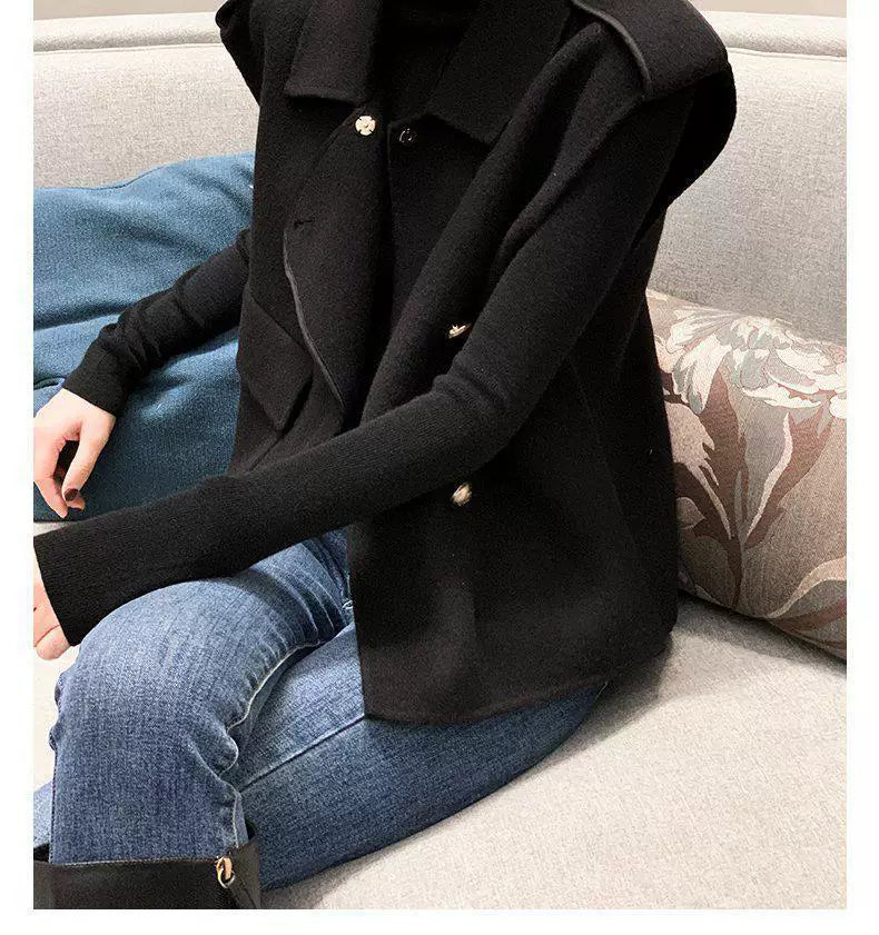 Brend endirimli mağaza endirimləri: İkiüzlü yun kaşmir jilet, qadın qısa, geniş, qolsuz hırka.