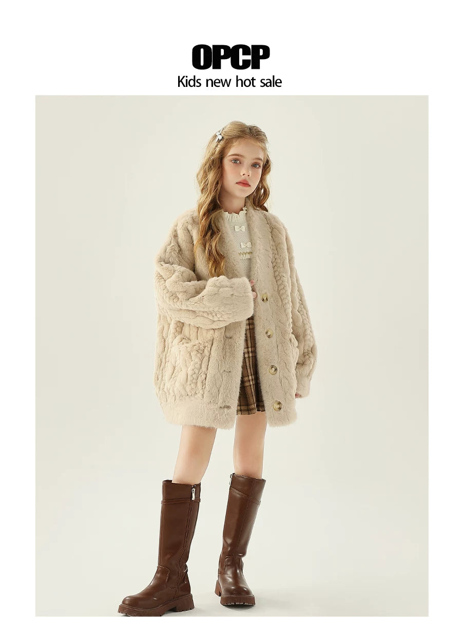 OPCP Uşaq Xəz Paltosu, Yeni Payız/Qış Modeli, Qızlar üçün Kabel Örgü Naxışlı Süni Mink Qısa Kardiqan