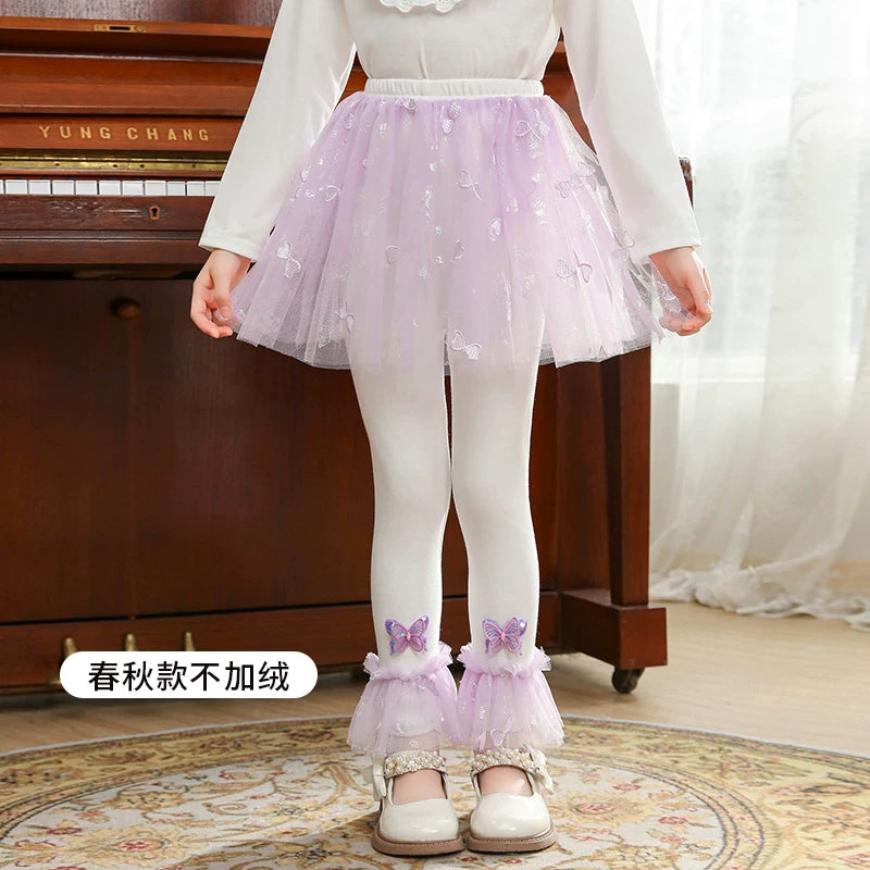 Qızlar üçün bir hissəli ətək şalvarları, 2025-ci ilin yaz və payız mövsümü üçün yeni model uşaq qış geyimləri, flis astarlı, süni iki hissəli leqinslər, ağ, çöldə geyinmək üçün.