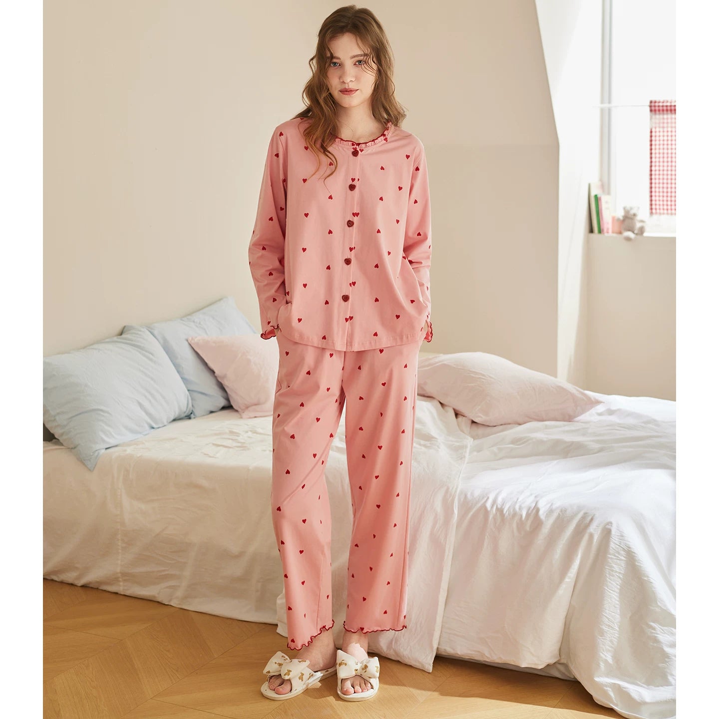 Fenton Qadın Saf Pambıq Uzunqol Pijama Yaz və Payız Pambıq Hırka Gündəlik Boş Yeni Böyük Ölçülü Ev Geyimi Dəsti