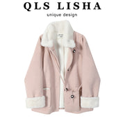 Cholisa Koreya üslubunda super şirin yun astarlı qalın quzu yun palto qadın geyimləri 2026 payız və qış yun palto