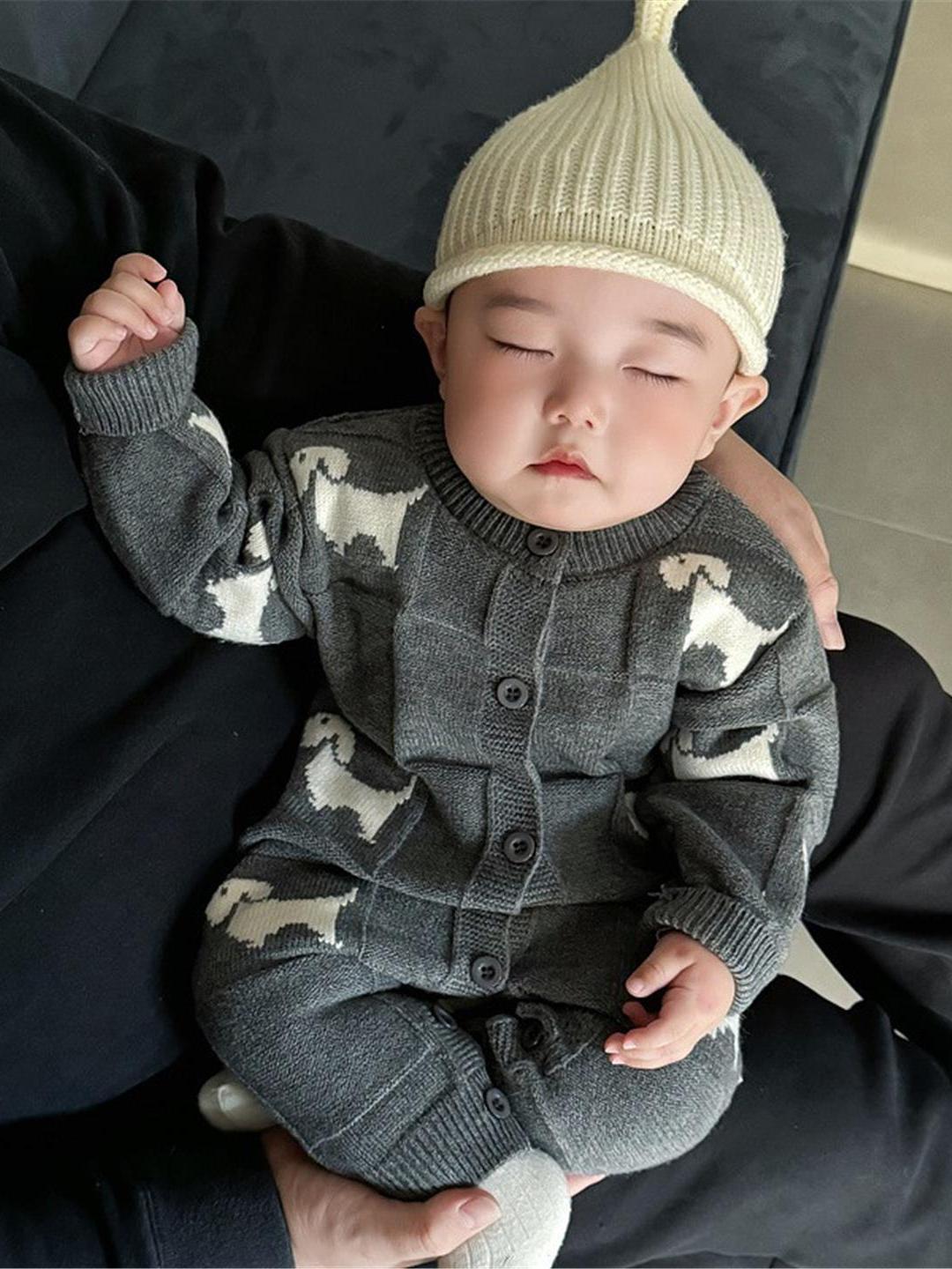 ARIELLE DE PINTO Oğlanlar üçün Fransız Yaz/Payız Körpə Trikotaj Onesie Sviter, Dolunay Çəkilişi/Sürünmə Kostyum