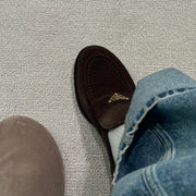 Quzu dərisi versiyası ~ Retro üçbucaqlı tokalı orijinal dəri qalın dabanlı qadın payız sürüşkən loferləri qalın dabanlı balet ayaqqabıları