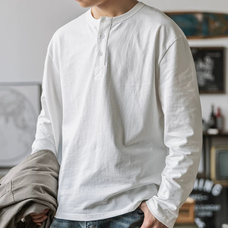 Indigo American Retro Yuyulmuş Batik Henley Köynək T-shirt Çətin Möhkəm Boş Açıq Yaxalıqlı Uzun Qollu Köynək Kişi Yaz