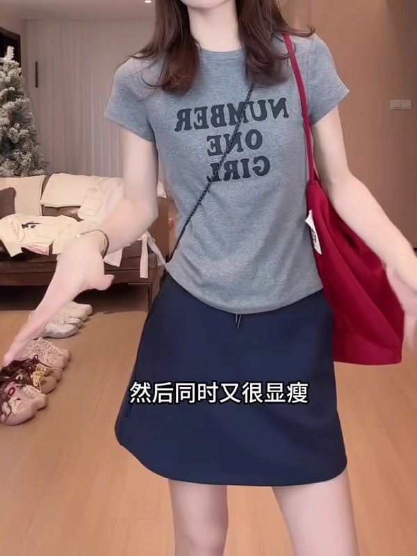 Qadınlar üçün böyük ölçülü şirin və sərin hərf naxışlı təmiz pambıq qısaqol köynək, yay, çox yönlü və arıqladıcı qısa dairəvi yaxalı top