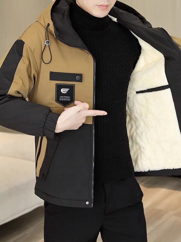 Yun astarlı və qalınlaşdırılmış kişi pambıqlı palto, dəbli Koreya üslubunda başlıqlı pambıqlı gödəkçə, şık, çox yönlü və isti kişi pambıqlı geyimləri