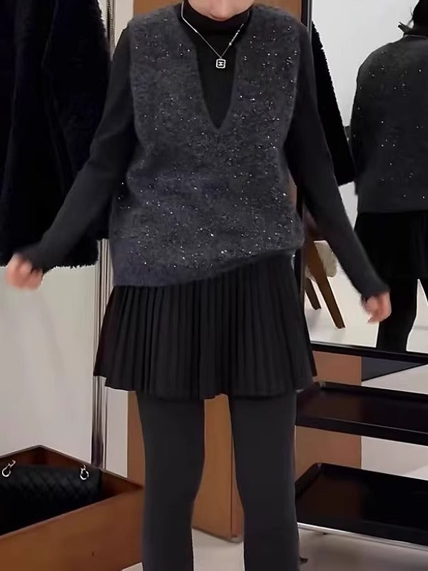 Qadınlar üçün Avropa üslubunda muncuqlu qolsuz toxunma jilet, payız və qış, böyük ölçüdə, geniş formada, yüksək səviyyəli model.