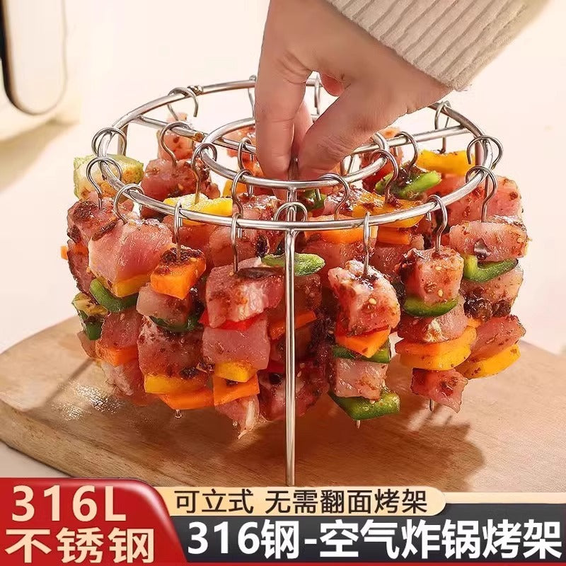 Hava qızartma qabı barbekü rəfi şaquli manqal sobası paslanmayan poladdan yuvarlaq şişlər manqal asılan xüsusi şaquli rəf