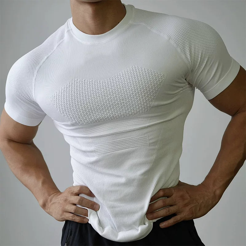 GYM elastik peşəkar fitness geyimi tikişsiz qısaqol idman köynəyi kişi qaçış məşqi tez quruyan sıxılma sıx açıq geyim