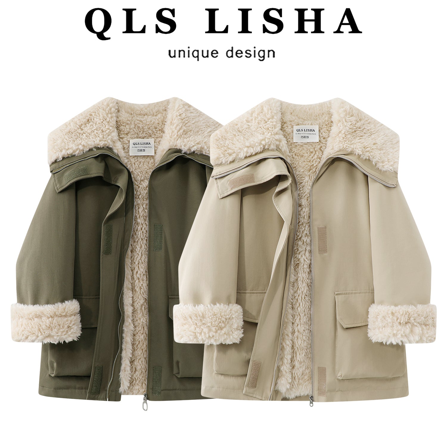 Cholisa yun astarlı, qalınlaşdırılmış, böyük yaxalı iş geyimi palto, qış quzu yunundan orta uzunluqlu parka pambıq qadın paltosu.