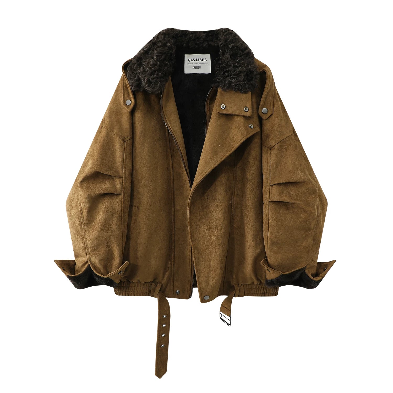 Chorlisa Qadın Payız/Qış Yeni Amerika Retro Üslublu Quzu Yunlu Yaxalıqlı Palto, Qalınlaşmış Yun və Zamşa Gödəkçə