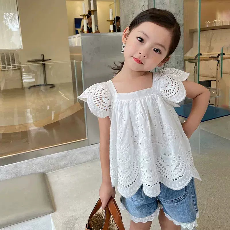 Uşaq Geyimləri Dəsti Yeni Yay Qızlar üçün Moda Krujeva Bluz Top &