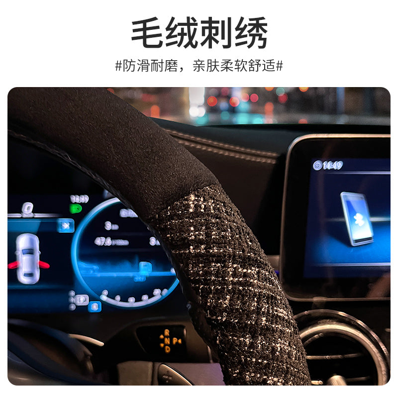 Plush heated car steering wheel cover for winter, new lightweight luxury camellia protective cover for car interior steering wheel cover for women.