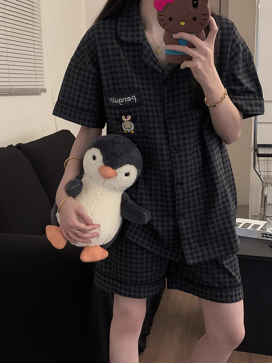 Yayda kişi və qadınlar üçün pijama boz rəngli plaid pinqvin təmiz pambıq qısaqol şort cüt Yapon üslublu pambıq ev geyimi dəsti