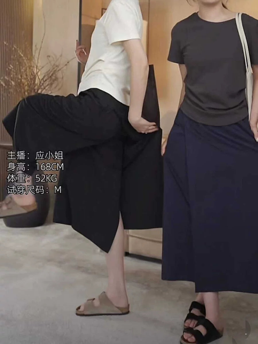 Bir az dolğun qızlar üçün böyük ölçülü yay geyimləri, geniş, düz ayaqlı şalvar/ətək, yüksək belli A-xəttli gündəlik ətək/şalvar