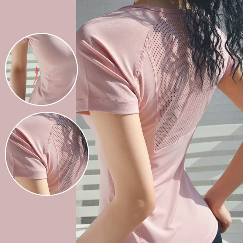 Yaz və yay qadın idmanı qısaqol köynək tez quruyan qaçış yoqa fitnes geyimi arıqlayan sıx nəfəs alan dəyirmi boyunlu pullover