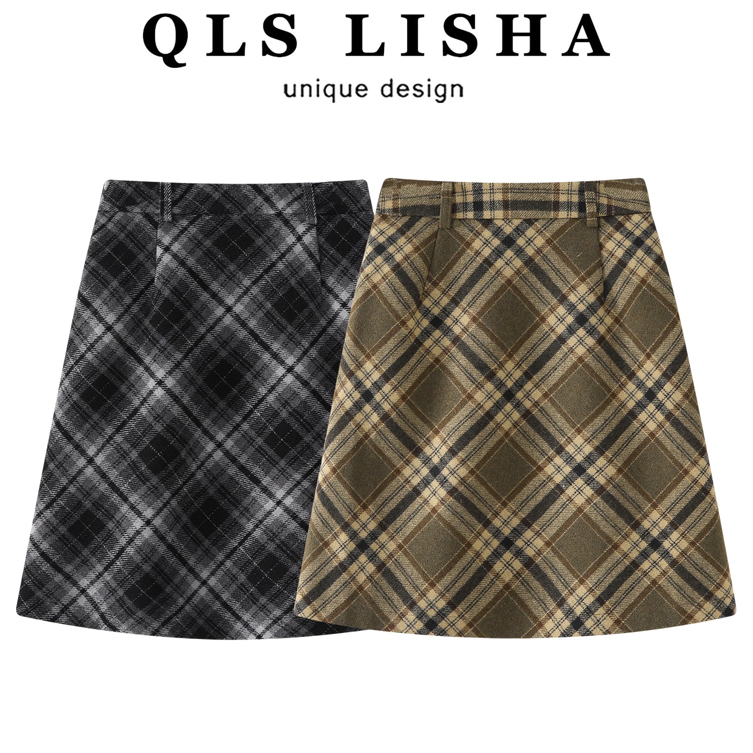 Chola Lisa yun dama-dama midi ətək, qadın payız və qış retro bədən dizaynlı A-xəttli qısa ətək, yüksək belli və uzun.