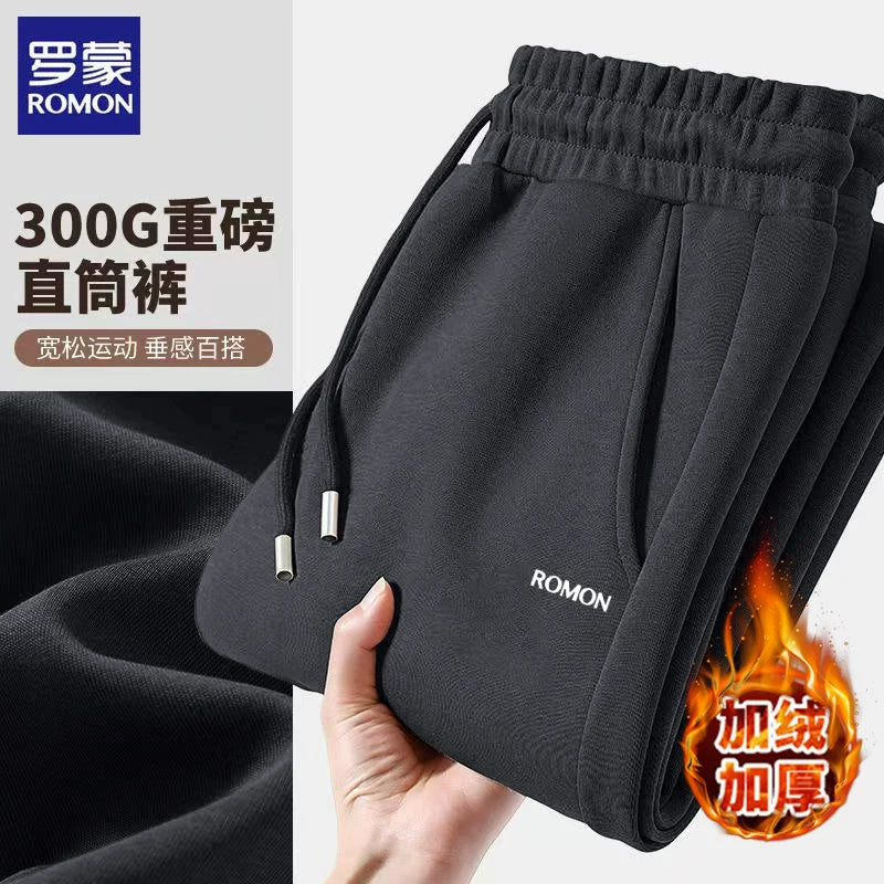 Romon Kişi Payız Yun Astarlı Qalın İsti Boş Örgü İdman Şalvarı Düz Ayaqlı Gündəlik Uzun Şalvar