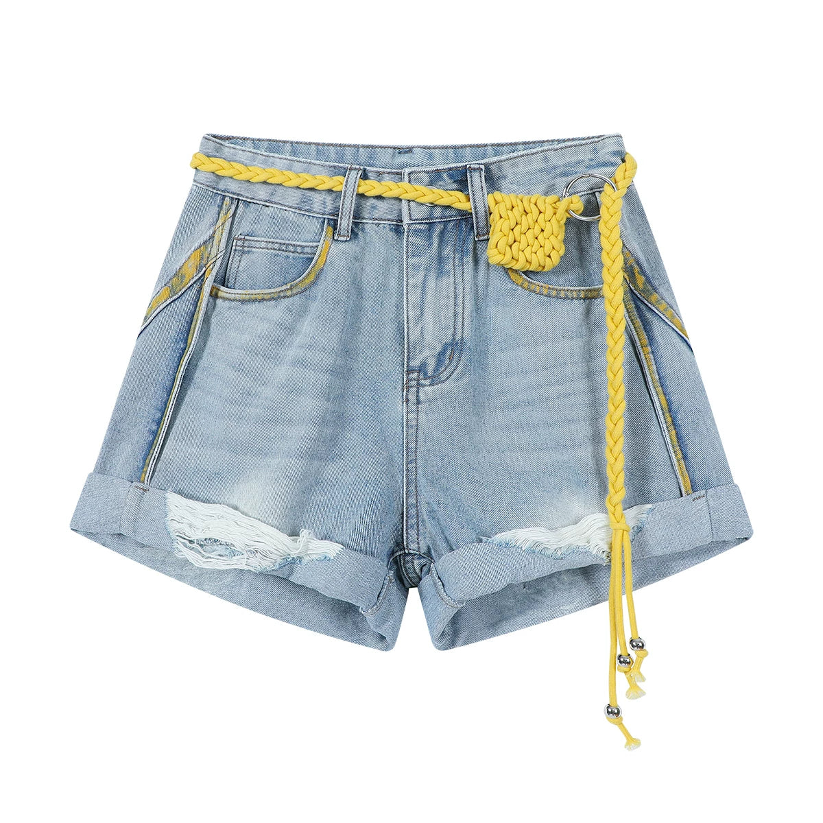 Chorissa Amerika Retro Yırtıq Mavi Cins Şalvar, Çoxfunksiyalı, Unikal Dizayn, Yüksək Belli, Arıqladıcı, Rəngli Qadın Şortları