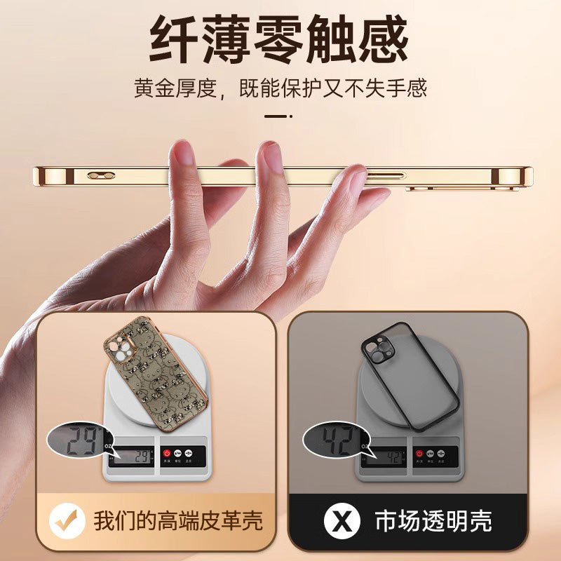 Compatible with Apple iPhone 15 Pro Max, iPhone 16/17/12/13/14, cute Hello Kitty leather case with electroplating, high-end full-coverage premium feel, luxury gold-plated protective case for iPhone 16 Plus.