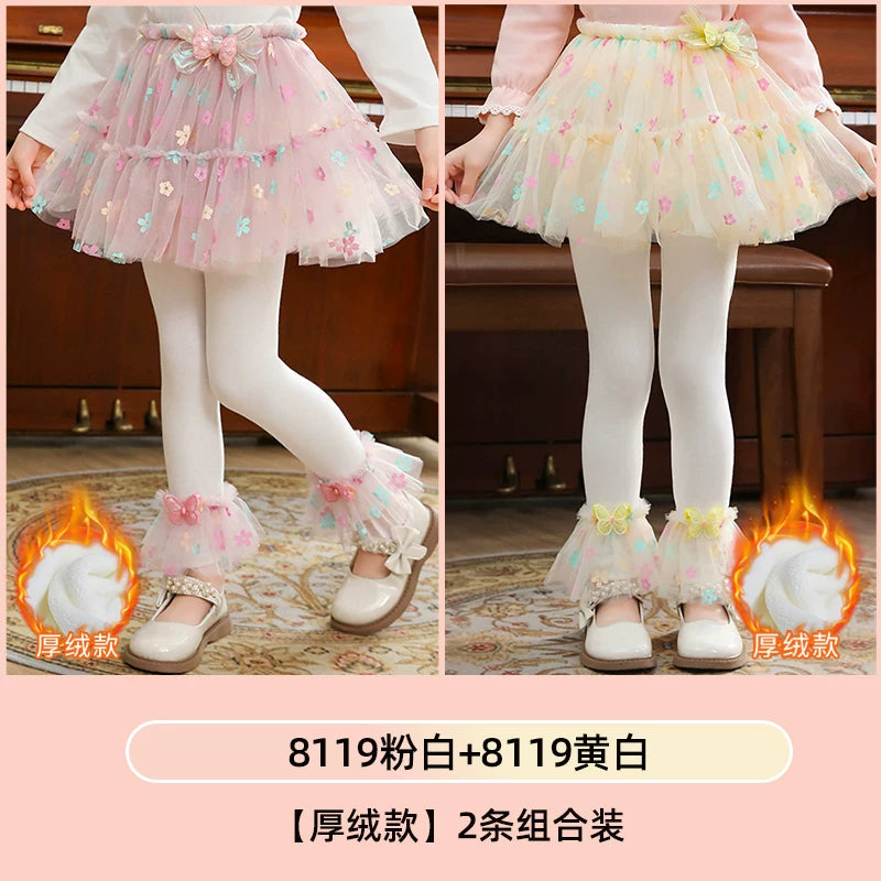 Qızlar üçün bir hissəli ətək şalvarları, 2025-ci ilin yaz və payız mövsümü üçün yeni model uşaq qış geyimləri, flis astarlı, süni iki hissəli leqinslər, ağ, çöldə geyinmək üçün.