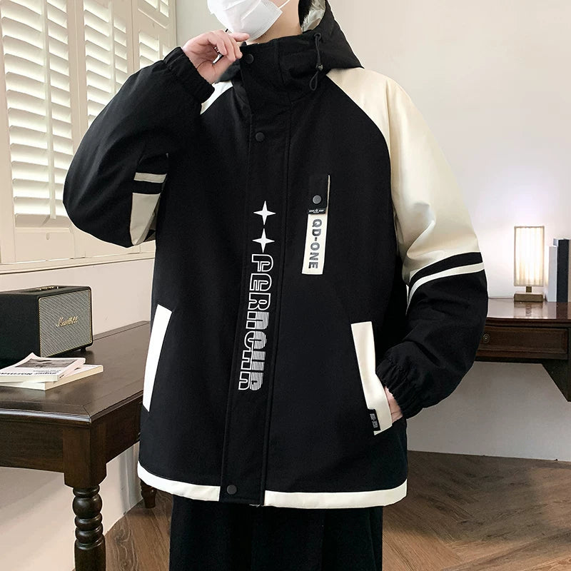 Yun astarlı və qalınlaşdırılmış kişi pambıqlı palto, dəbli Koreya üslubunda başlıqlı pambıqlı gödəkçə, şık, çox yönlü və isti kişi pambıqlı geyimləri