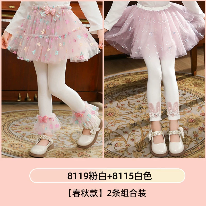 Qızlar üçün bir hissəli ətək şalvarları, 2025-ci ilin yaz və payız mövsümü üçün yeni model uşaq qış geyimləri, flis astarlı, süni iki hissəli leqinslər, ağ, çöldə geyinmək üçün.