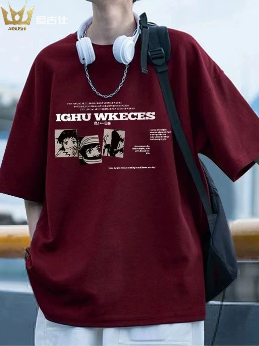 Bordo moda brendi köynək kişilər üçün ağır çəkili təmiz pambıq qısaqol ice-feel Amerika yüksək küçə anime yay buz ipək yarımqol köynək