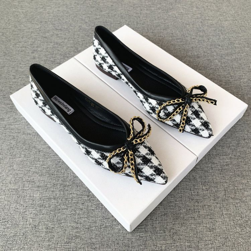 Uclu Düz Qadın Ayaqqabıları 2023 Yeni Houndstooth Bow Ladies S