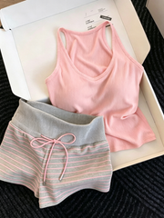 Qadınlar üçün döş yastiqciqlar ilə qızlar şirin pijama yay yeni stil zolaqlı şort ev geyimi böyük ölçülü kostyum yay