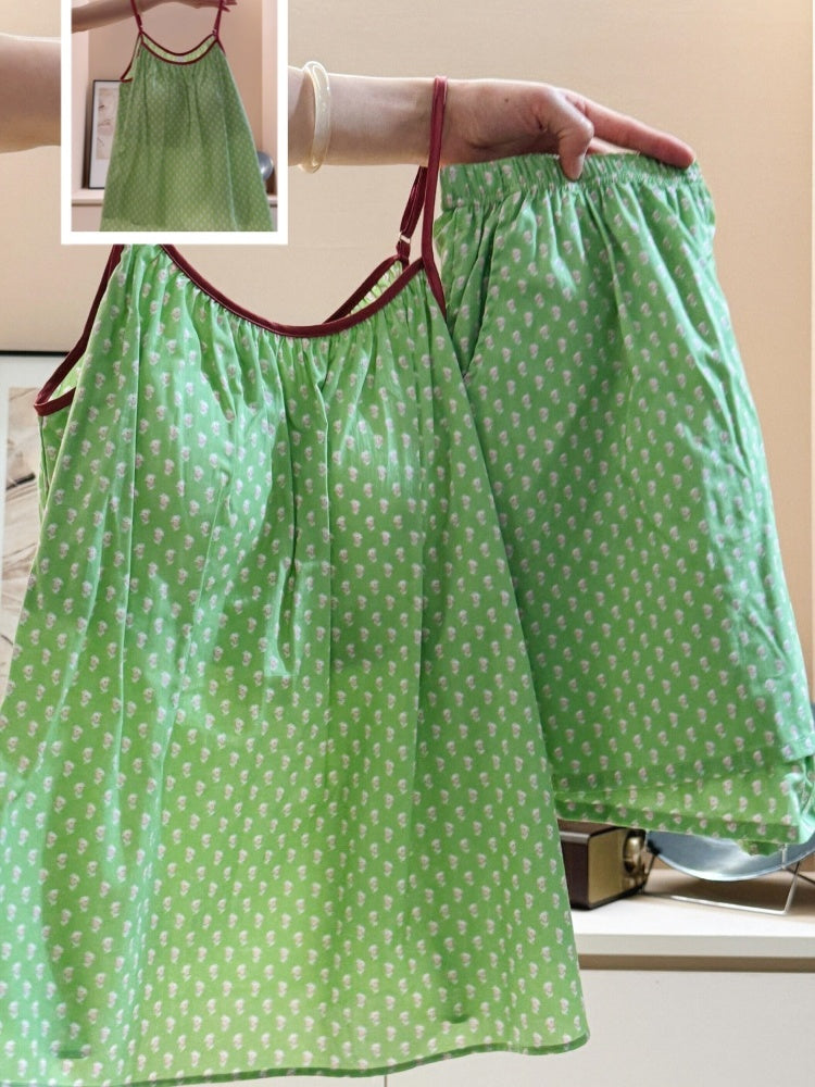 Sweet Girly Fresh Çiçəkli Asma Kəmər Döş Yastığı Pijama Qadın 2026 Yay Böyük Ölçülü Ev Geyimi İki Parçalı Dəst