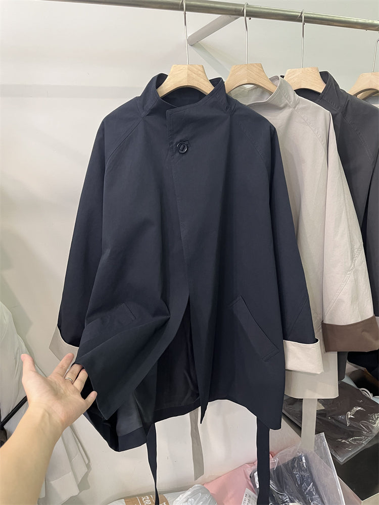 Koreya üslubunda, qadın üçün boş, kəmərli, orta uzunluqlu trençkot, yeni 2025 payız modası, kiçik ölçülü, xaki rəngli palto.