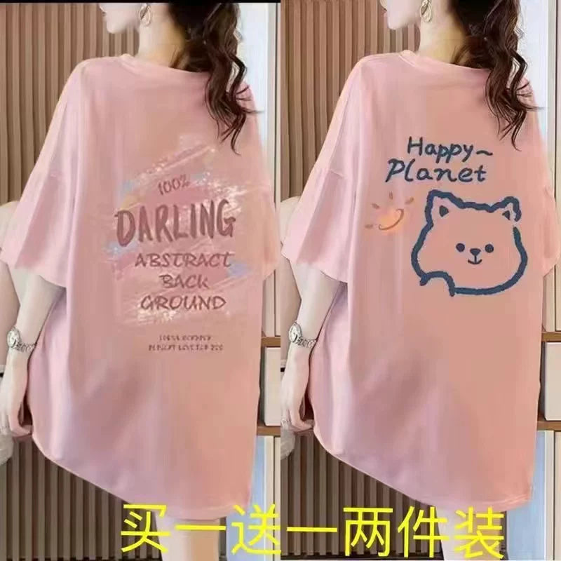 Tək/iki ədəd böyük ölçülü qadın boş qısaqol köynək qadın yay yeni nazik moda çap orta uzunluqlu ins trend