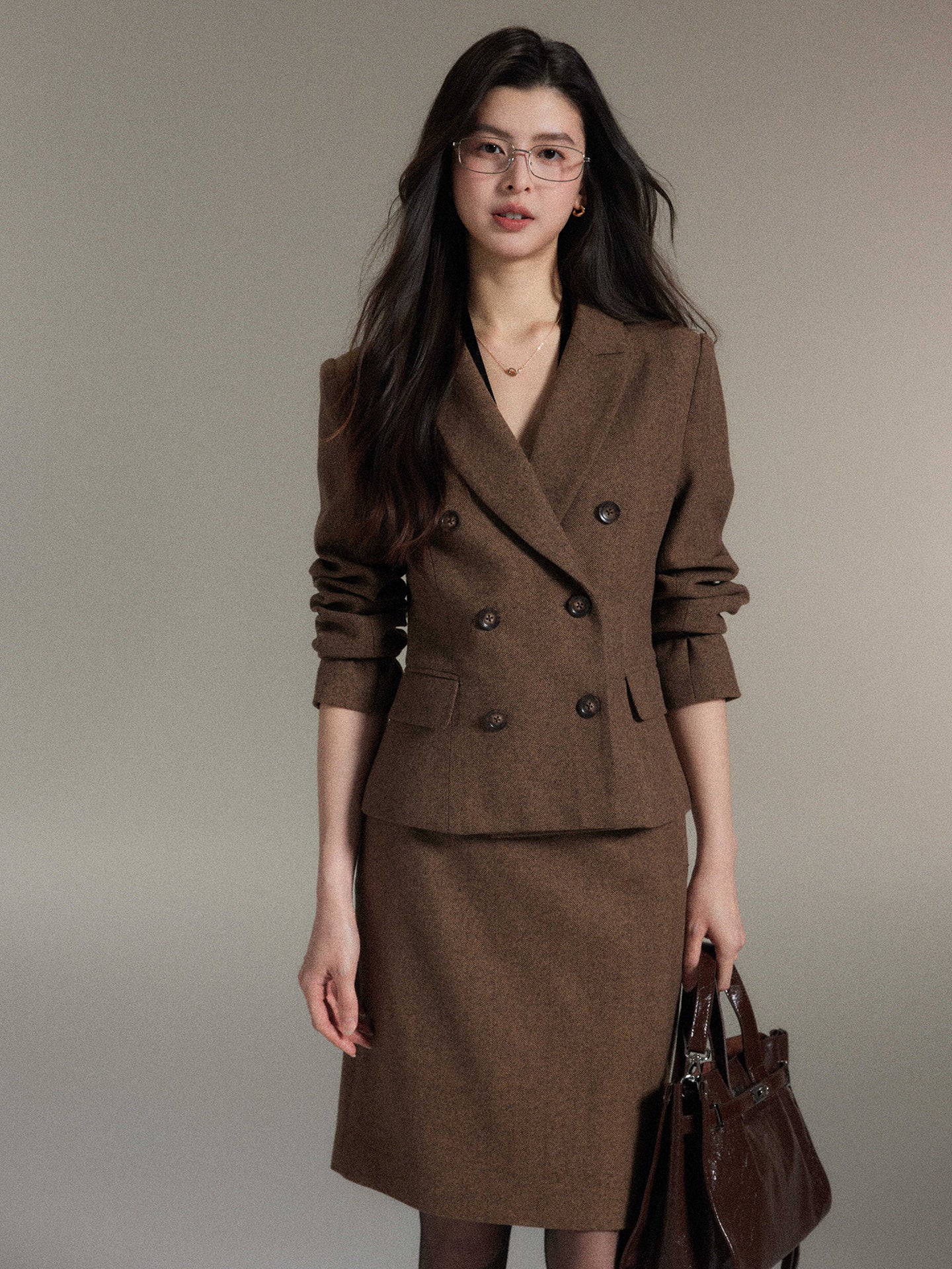 Eryang Design [Muyu] Şəhər içi üslubunda retro üslublu açıq işgüzar yun blazer + ətək dəsti