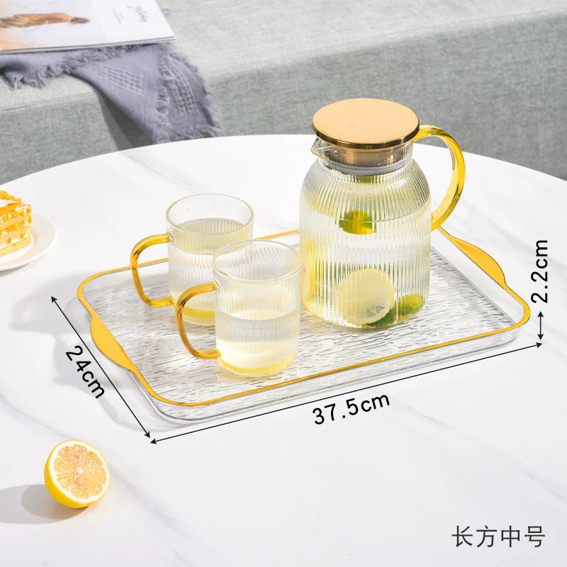 Çay fincanları, su stəkanları, çay nimçələri, qonaq otağı üçün plastik qəhvə masaları, fincanlar, düzbucaqlı meyvə yemək boşqabları ilə ev istifadəsi üçün yüngül lüks çay nimçəsi